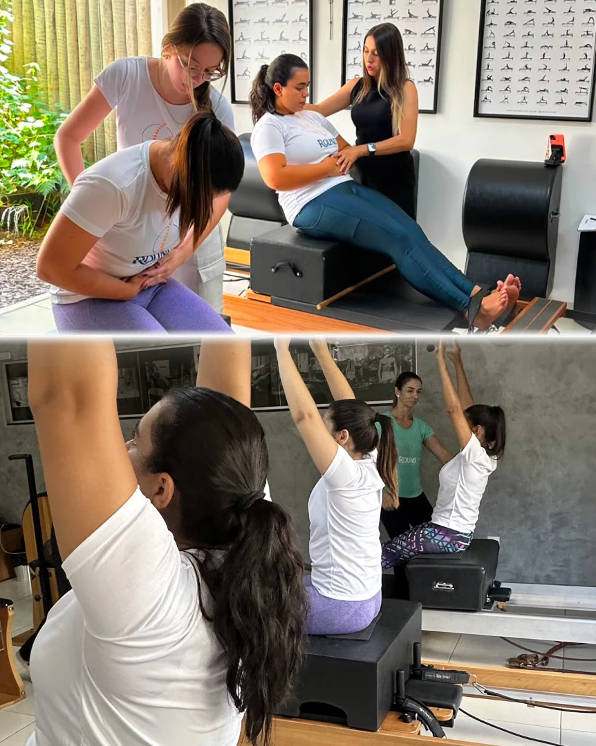 Equipe da Round acompanhando duas alunas simultaneamente no reformer, em um dos estúdios parceiros